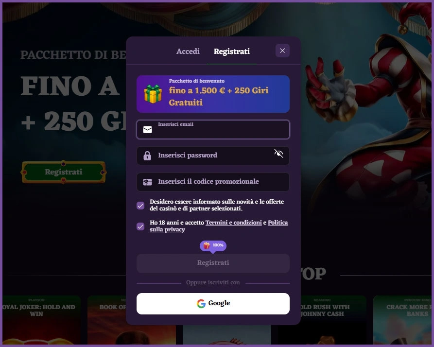 I nuovi giocatori possono creare facilmente il proprio account Happyjokers