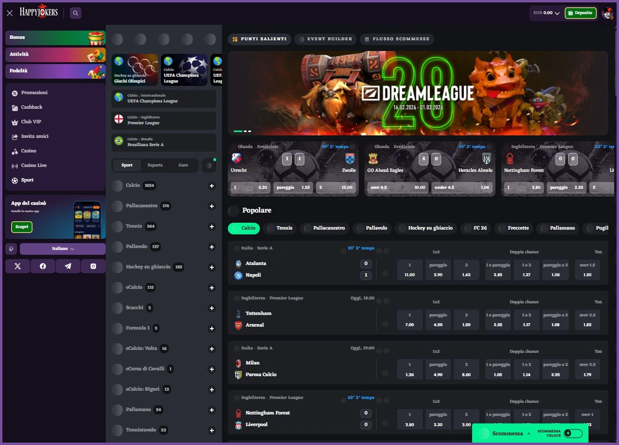 Scommesse sportive in tempo reale su Happyjokers